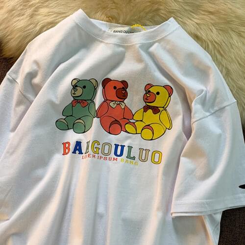 Pure Cotton Rainbow Bears Print T Shirts High Quality Women Basic Short Sleeve Tops Fashion 2021 Summer Clothes Korean Stylish