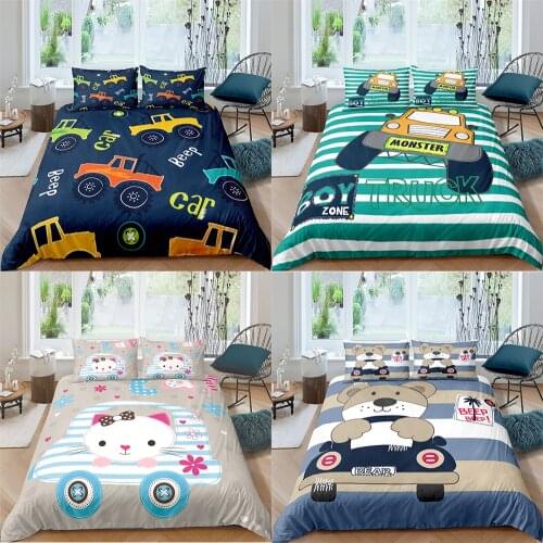 ZEIMON 2/3Pcs Cartoon Cars Bedding Set Cat Duvet Cover with Pillowcase Kids Animals Quilt Cover Home Textiles King Bedroom Decor