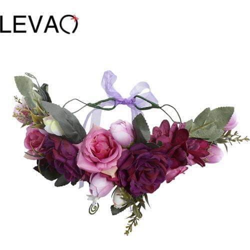 LEVAO Purple Garland Headpiece Vintage Rose Flower Headband Wreath Hairband Party Girl Hair Accessories Crown with Ribbon