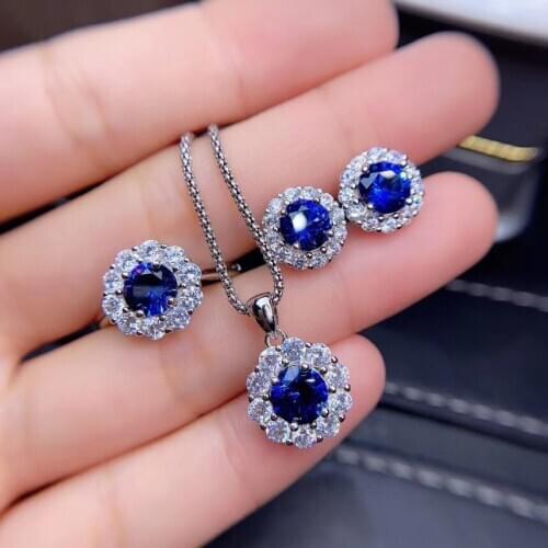 Best Quality Sapphire Set Natural And Real Sapphire Jewelry Set 925 Sterling Silver 1pc Ring,1pc Pendant,2pcs Earring