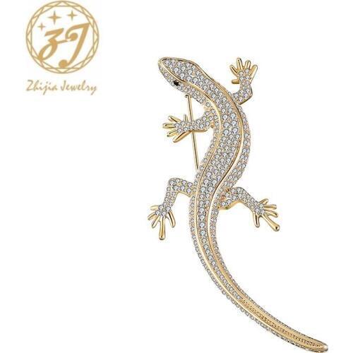 Zhijia Trendy Gecko Pins Brooches For Women Men Golden Silver Animal Brooches Jewelry Dress Party Gifts