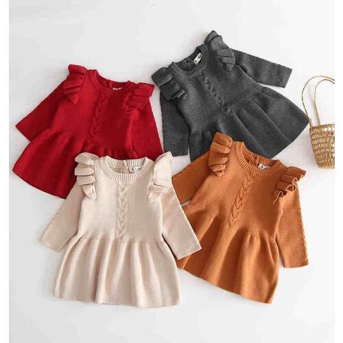 Autumn Winter Toddler Girls Elegant Dresses Knitted Long Sleeve Dress For Girls Infant Warm Dress Sweater Children Kids Dresses