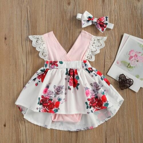 0-24M Newborn Baby Girls Romper Dress, Infants Lace Fly Sleeve Dress V-neck Floral Printed Bodysuit + Bow Hair Band For Summer