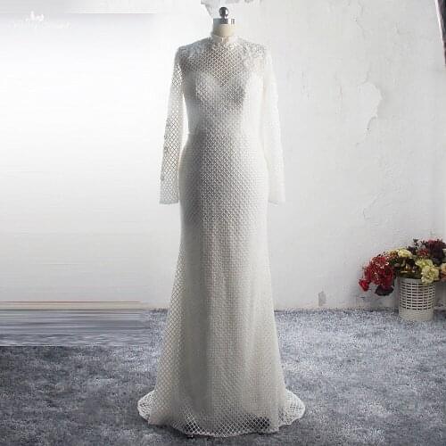 RSW1535 Nigerian Outdoor Reception Bridal Gown High Neckline Lattice Lace Long Sleeve Sheath Wedding Dress