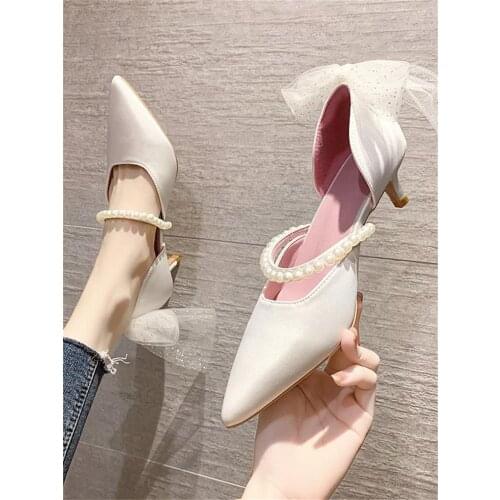 Spring And Summer New Exquisite Pearl Sweet Bow Ladies High Heels Fashion Pointed Shallow Mouth Bridesmaid Shoes