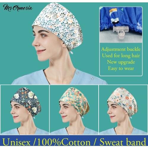 Tooth Health Scrubs Women Hats Lab Dust Proof Scrubs Cap Pet Grooming Work Hats Flower Printing Washable Work Hat for Long Hair