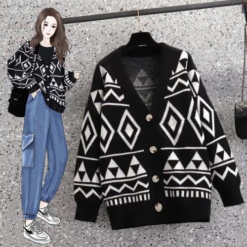 Real Picture Retro sweater jacket plus size womens spring and autumn loose outerwear lazy wind thick knitted cardigan girls top