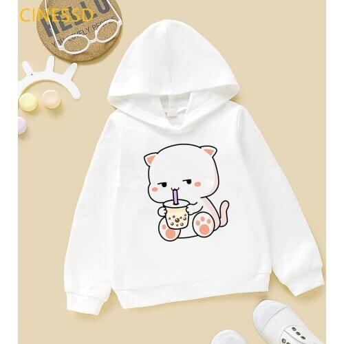 Harajuku Kawaii Cat Love Boba Cartoon Hoodie Baby Boys Girls Sweatshirt Winter Spring Top Childrens Clothes White Kids Fleece