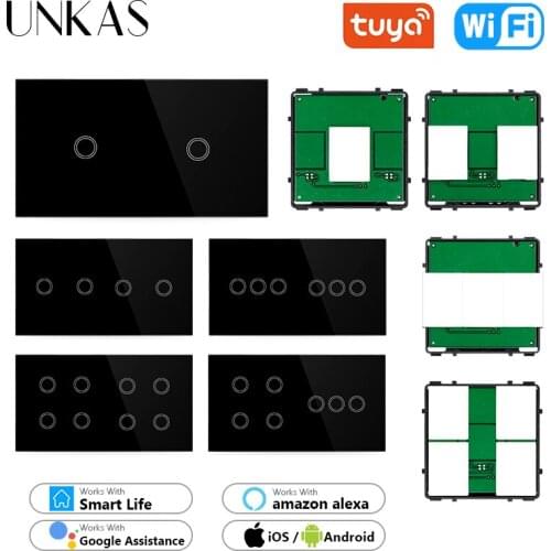 UNKAS DIY Free Combination 2 3 4 5 6 Gang Wifi EU Standard Touch On / Off Smart 1 2 3 Gang Switch Black Glass 157mm Panel Outlet