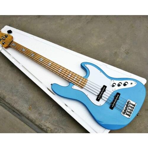 Top quality FPJB-5003 blue color solid body white pickguard maple fretboard 5 strings Jazz bass, Free shipping