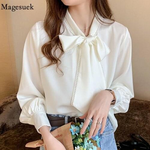 Fashion Satin Chiffon Blouse Women Loose Korean Tops White Office Lady Clothes with Bow 2021 Spring Blue Long Sleeve Shirt 10691