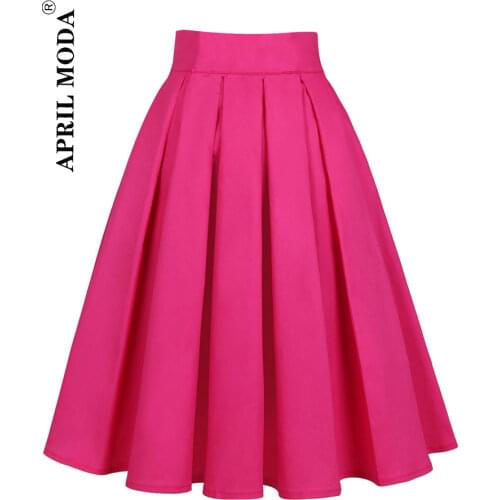 Women Fashion Casual Solid Color Pink Vintage High Waist Pleated Skirt Retro Rockabilly Ladies Midi Skirts Girl School Skater