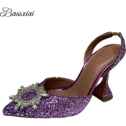 Bling Sequins High Goblet Heel Sandals Women Sexy Point Toe Crystal Sunflower Buckle Decor Party Sandalias Summer