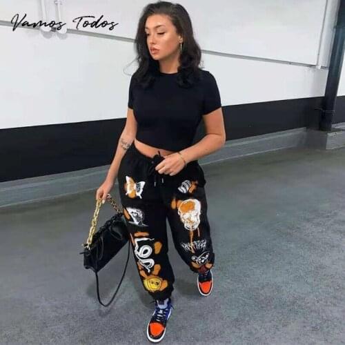 Womens Pant Hippie Cartoon Printed Sweatpants Joggers for Women Casual Drawstring Cargo Pants Streetwear Womens Cargo Trousers