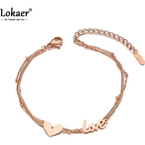 Lokaer Trendy Double Layer Love Heart Charm Bracelets For Women Stainless Steel Link & Chain Bracelet For Birthday Gifts B20007