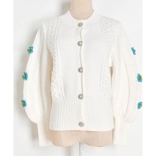 Women Fashion Knitted Sweaters 2020 Christmas Casual Diamonds Buttons Floral Cardigan Ladies Winter Autumn Tops Jumper White