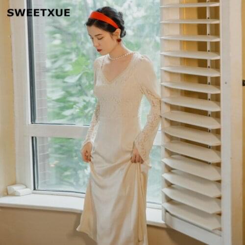 SWEETXUE Women 2020 Sexy V-Neck Elegant Lace Patchwork Long Sleeve Chic Party High waist A-Line Dress Ladies
