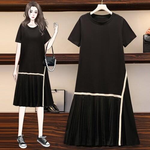 Dress Women Plus Size Patchwork Striped Pleated Loose O-Neck Long Vestidos Female 2021 Summer Vintage Casual Black T-shirt Robes