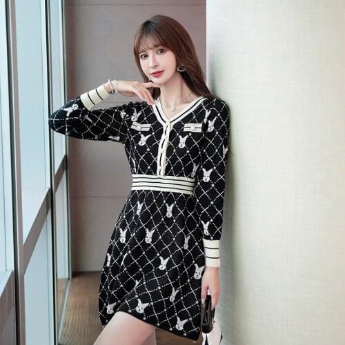 Autumn Winter Women Knitted Dress 2021 New Korean Long Sleeve V-Neck Print Sweater Clothing Elegant Ladies Dresses