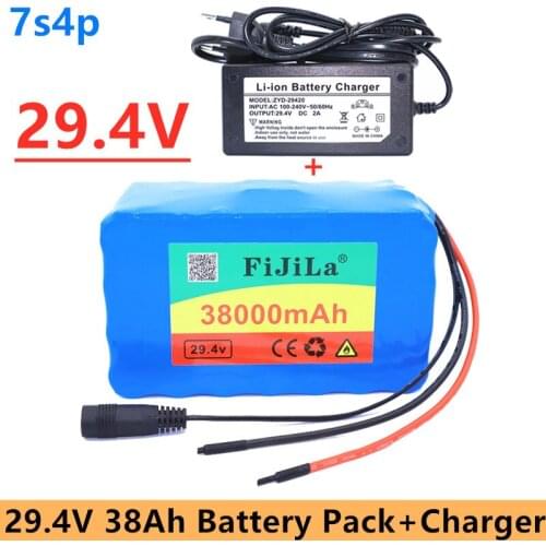 100% New 24V 38000mAh 7S4P high power 38AH 18650 Lithium Battery pack with BMS 29.4V Electric bicycle electric car + 2A Charger