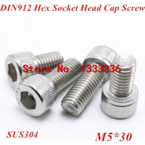 100pcs M5*30 Hex socket head cap screw, DIN912 304 stainless steel Hexagon Allen cylinder bolt, cup screws
