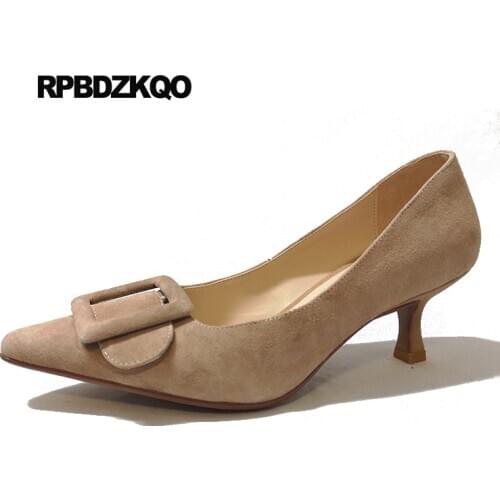 2018 Italian Celebrity Suede Medium Heels Nude Pumps Famous Women Top Quality Size 4 34 Thin Green High Shoes Pointed Toe Bow