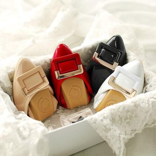 2020 Sweet square metal buckle loafers japanned leather elastic band flats ballet shoes women pointed toe egg roll up ballerina