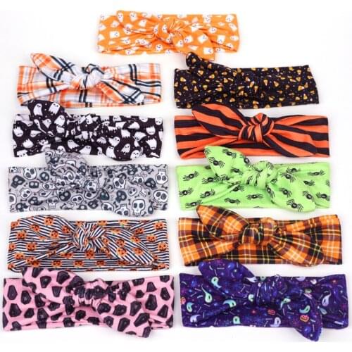 24 PCS, Baby Halloween Headbands Rabbit Ears Hairband Pumpkins, Spiders and Candy Corn Print Fabric Knotted Bow Turban Headwear