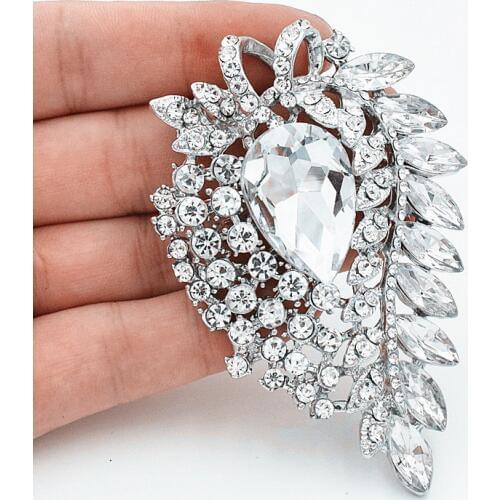 3PCS/LOT Vintage Silver Luxury Big Glass Crystals Huge Brooch For Wedding High Quality Sparkling Fashion Jewelry Pin