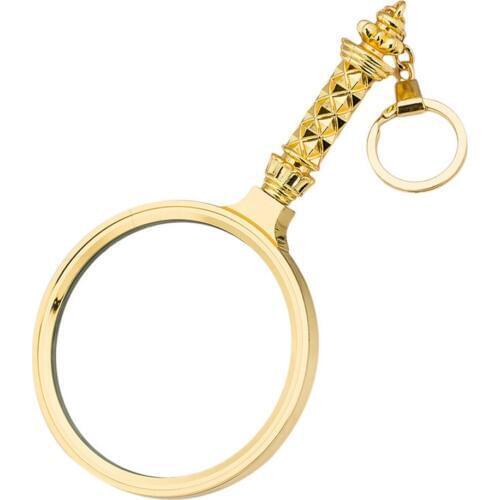 8 Times Portable Glass Magnifier 60mm Floral Handle Magnifying Round Plastic + Glass Lens With Key Chain Gold Reading Magnifier