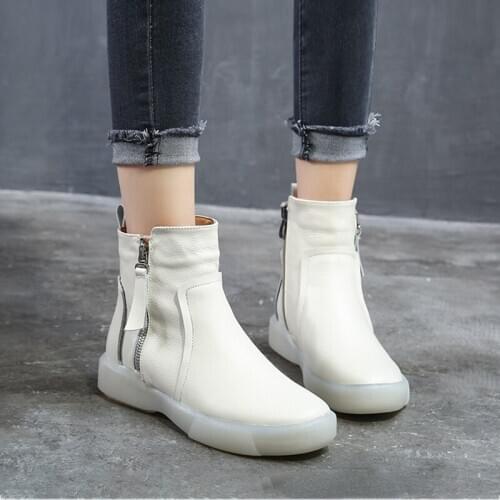 Women Ankle Winter Boots Ladies Platform Flat Shoes Women Genuine Leather Zipper Casual Boots Female Motorcycle Boot