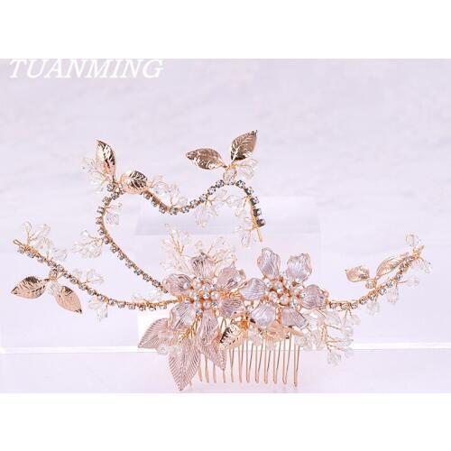 Flower Pearl Hair Comb Bridal Wedding Hair Accessories Rhinestone Pearl Hair Comb Headbands Bride Tiaras Head Ornaments