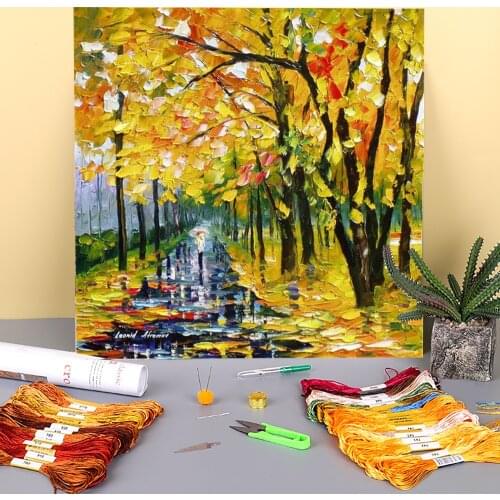 Long Autumn Printed Fabric 11CT Cross Stitch DIY Embroidery Full Kit DMC Threads Handicraft Hobby Needlework Handmade Decor