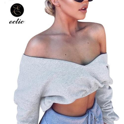 V Neck Sweatshirt Off Shoulder Hoodie Crop Top Poleron Mujer 2021 Plain Hoodie Streetwear Women Sexy Cropped Hoodie Punk Fashion