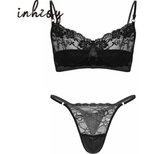 Mens Sexy Lingerie Set Sissy Sheer Lace Satin Patchwork Underwear Gay Male Crossdress Transparent Bra and G-String Thongs