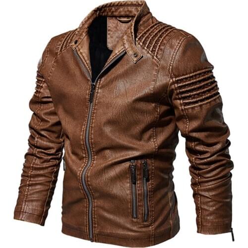 Leather Jacket Men Motorcycle Jacket Mens Thin Warm Coat Pleated Shoulder Male Autumn PU Leather Jacket Stand Collar Biker Coat