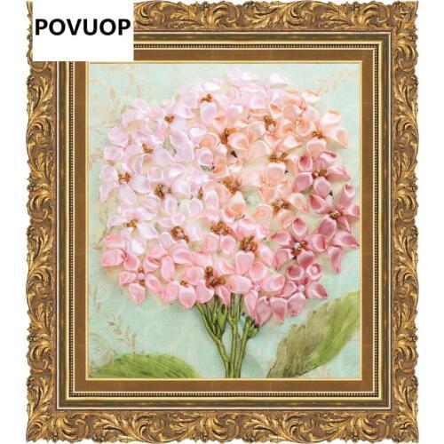 POVUOP Ribbon embroidery 20X 24cm paintings new arrival kit fashion flower pink romantic 3d print cross stitch