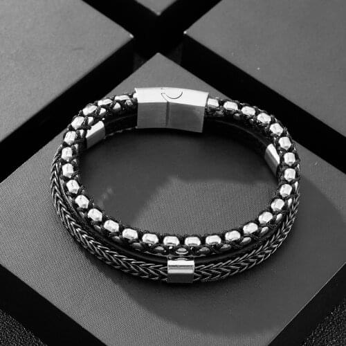 Vintage Handmade Two-layer Wrapping Leather Stainless Steel Mens Bracelet Jewelry Birthday Cowhide Bracelets
