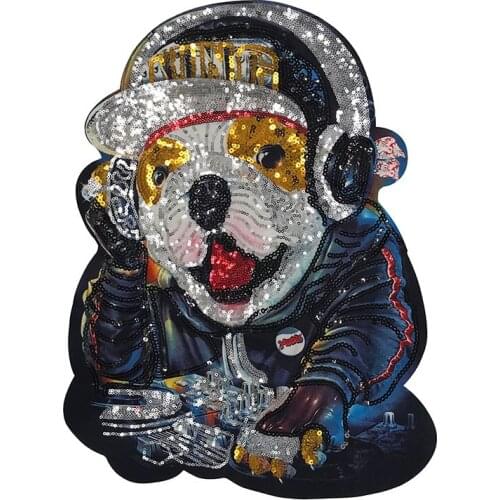 New Fashion Large Cute DJ Dog Sequins Patches Sew on Applique Patch For Clothing DIY Clothes Sewing Accessory