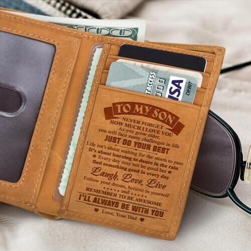 Dad To Son Mens Wallet Cowhide Leather Purse Customized Credit Card Holder Three Fold Wallets Coin Purses Retro