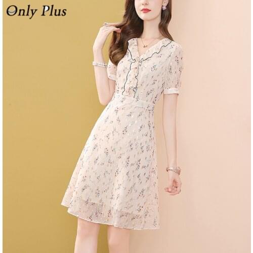 Only Plus Sweet Dress For Women Ruffle Short Sleeve Printed Floral Dresses Vacation V-Neck Slim A-Line Party Dresses 2021