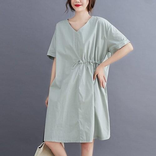 Short Sleeve Dress Womens Fashion V-neck Loose Straight Dress Mother Clothing Solid Color Big Size Ladies Robe aq1098