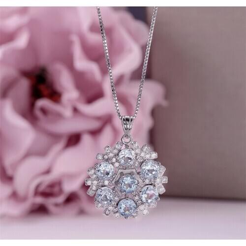 Natural Gemstone Necklaces Pendants For Women 925 Sterling Silver 5*5mm Topaz Blue Round Necklace White Gold Plated CCN005