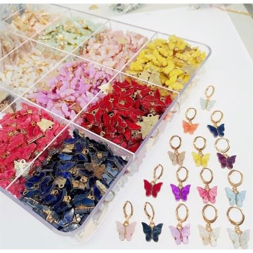20Pcs 14x14mm Multicolor Resin Acrylic Butterfly Insect Pendant Cute Gold Alloy Charm for Jewelry Making Supplies Gift Wholesale