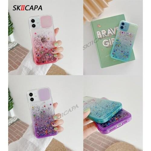 Slide Camera Protection Quicksand Case For iphone 12 11 Pro Max Bling Glitter Silicone Shockproof Cover For iphone XS XR 8 Plus