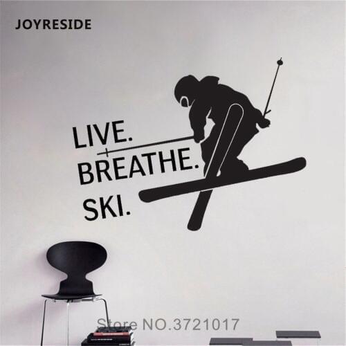 JOYRESIDE Skiing Wall Sports Sticker Quote Live Breathe Decals Vinyl Kids Boys Living room Interior Home Bedroom Art Mural A1320