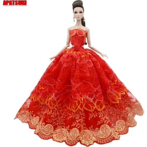 Red Lace Wedding Dress For Barbie Doll Clothes Outfits Fashion Princess Noble Party Gown For 1/6 BJD Dolls Accessories Toys