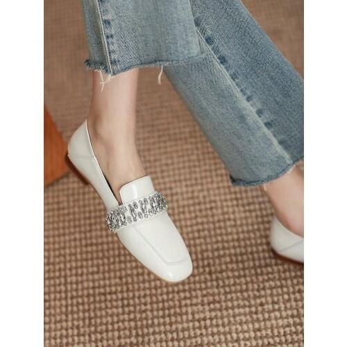 EshtonShero Women Genuine Leather Flat Shoes Spring Crystal Round toe Elegant Slip-On Casual Shoes Penny loafers Ladies shoes