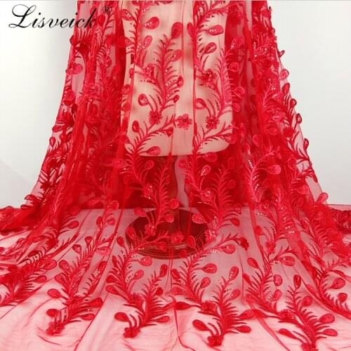 High-grade 1yard New mesh white / black / red 3D feather patten sequin embroidery lace fabric diy Fashion dress womens material