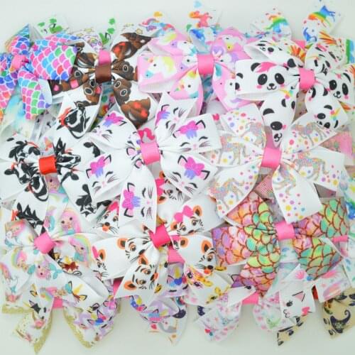 SUPWRF 1 PCS 10pcs mix 3.1" Inch Cartoon unicorn Bows Clips Girls hair bow Headware Kids Hair Accessories Ribbon bow T0929